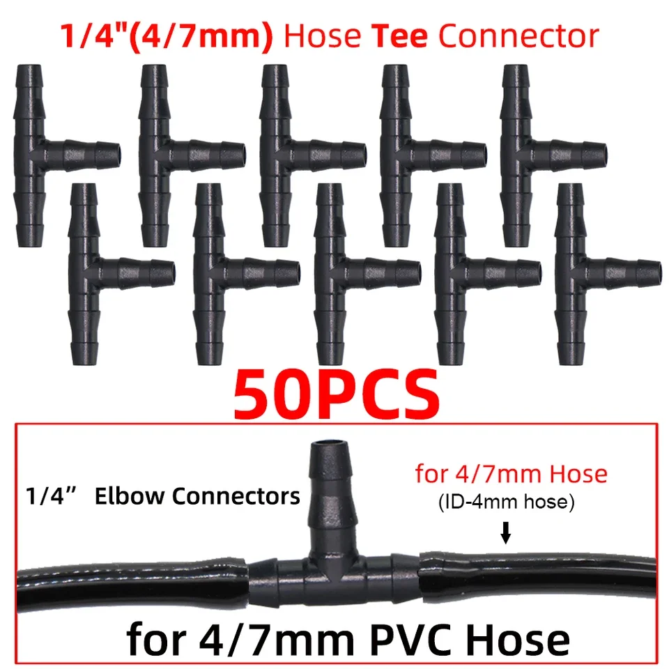50-piece drip irrigation connector set for 4 mm and 7 mm tubing with 1/4 inch barbed tees crosses and end plugs suitable for low