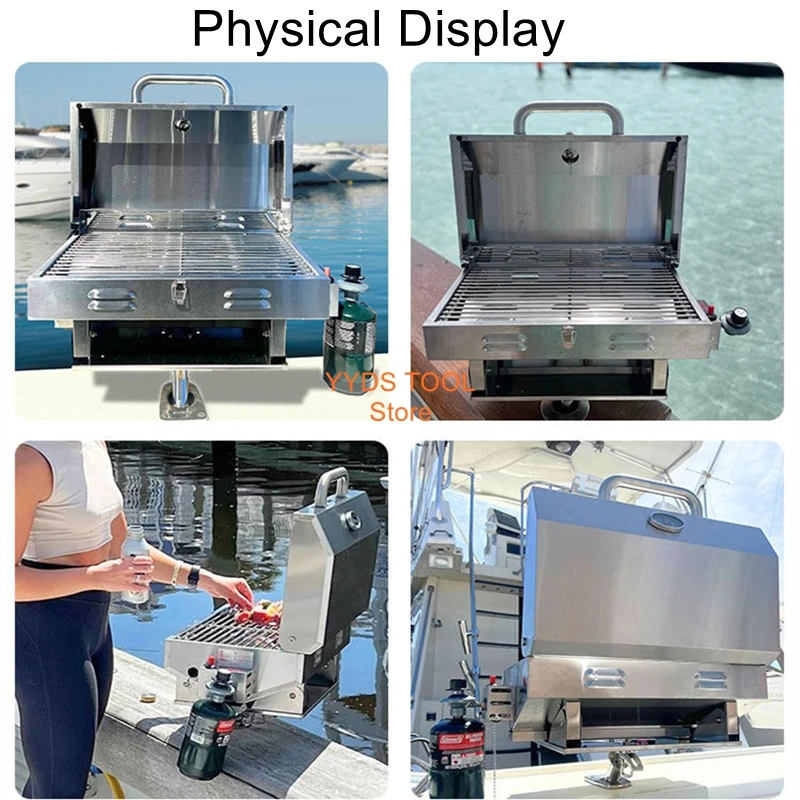 Portable Outdoor Gas BBQ Grill with 304 Stainless Steel, Fish Rod Holder, and American-style Meat Rack for Boats and Yachts