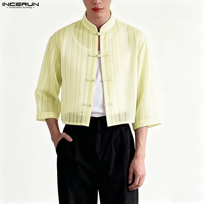 

INCERUN Men Shirt Mesh Striped See Through Stand Collar Half Sleeve Men Clothes Streetwear Sexy 2026 Fashion Casual Tops Camisas