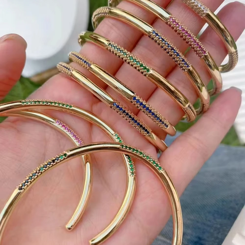 Women Charming Brass Plated Micro Zircon Adjustable Open Cuff Bracelet Bangle