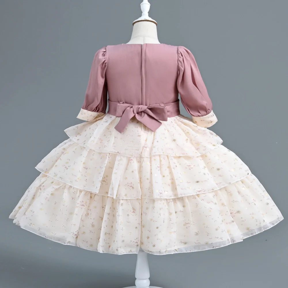 Spring and Autumn New Patchwork Sticker Chiffon Mid Sleeved Dress Children's Day School Stage Drama Performance Dress