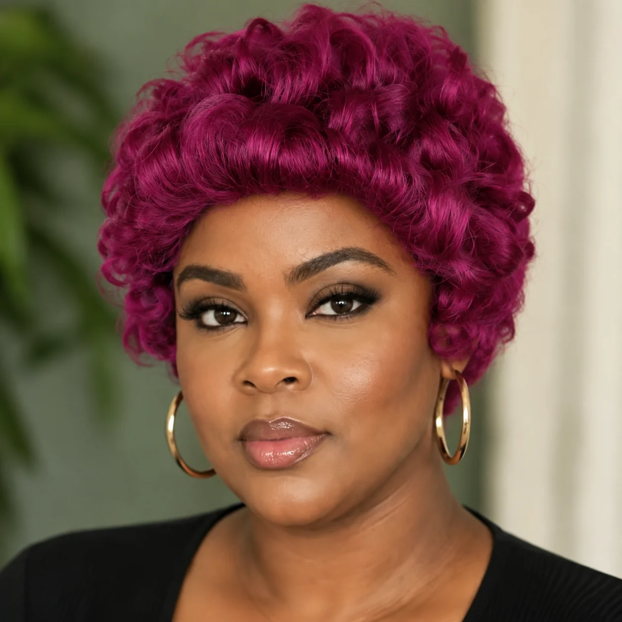 Natural Black Short Bouncy Curly Human Hair Wig with Bangs Hair Vintage Finger Wave Full Machine Made  Pixie Cut Wig