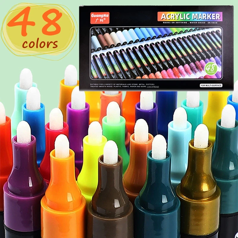 48-12 Colors Acrylic Markers Pens For Fabric Rock Painting Ceramic Canvas DIY Card Making Art Paint Markers Supplies Stationery