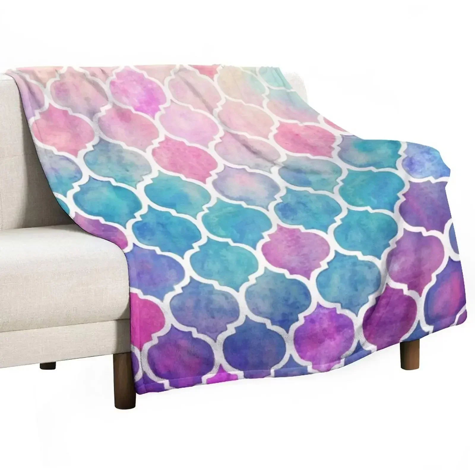Rainbow Pastel Watercolor Moroccan Pattern Throw Blanket Hair for babies Luxury St Stuffeds Beautifuls Custom Blankets