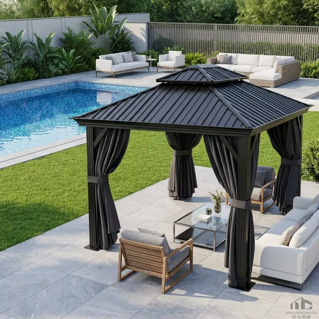Luxury Aluminum Hardtop Gazebo Waterproof Wind UV Resistant Permanent Garden Pavilion Easy Install Curtains Mosquito Netting