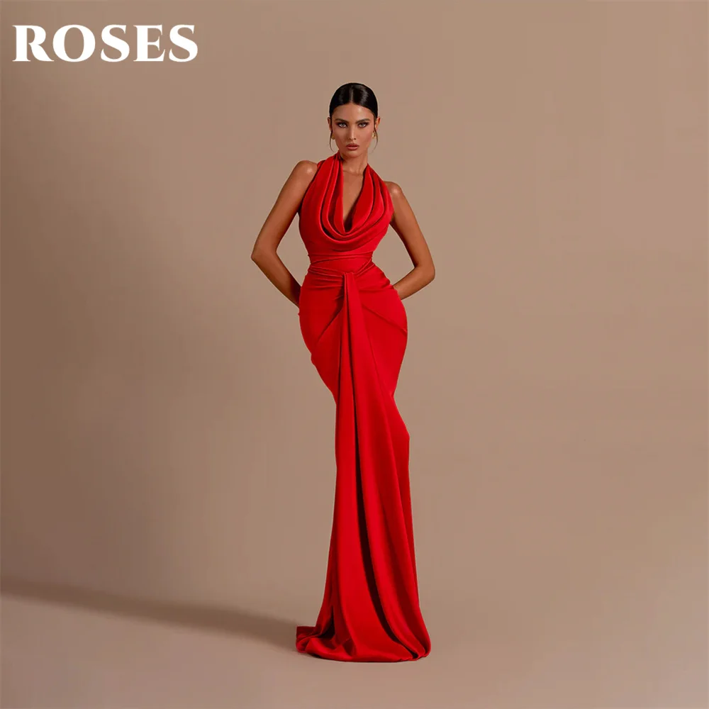 ROSES Halter Red Evening Dresses Backless Stain Prom Dresses Pleat Sleeveless Mermaid Party Dress Floor Length فساتين الحفلات