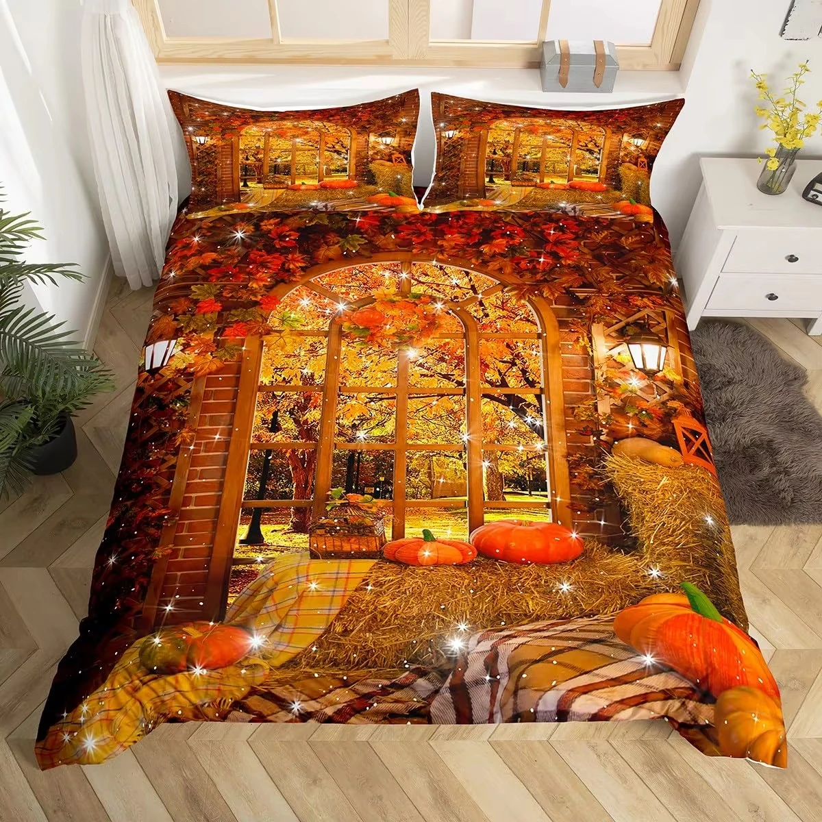 Fall Bedroom Decor Bedding Set Twin Queen for Girls Women Autumn Harvest Theme Duvet Cover Rustic Pumpkin Print Comforter Cover