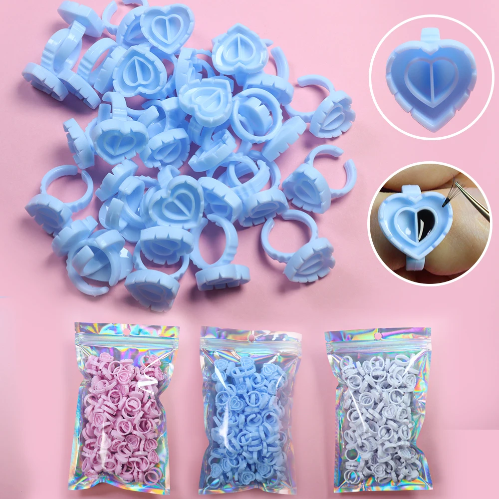 

Wholesale 300pcs/Pack Dispoable Glue Rings Heart Shape Eyelash Extension Glue Holder Eye Lash Fan Cup Container Tattoo Pigment