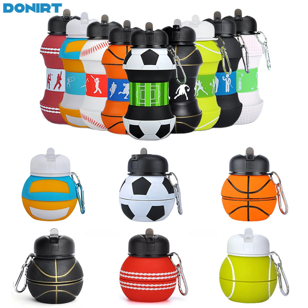 Portable Sports Water Bottle 550ml Foldable Football Kids Water Bottles Football Soccer Ball Shaped Water Bottle Silicone Cup