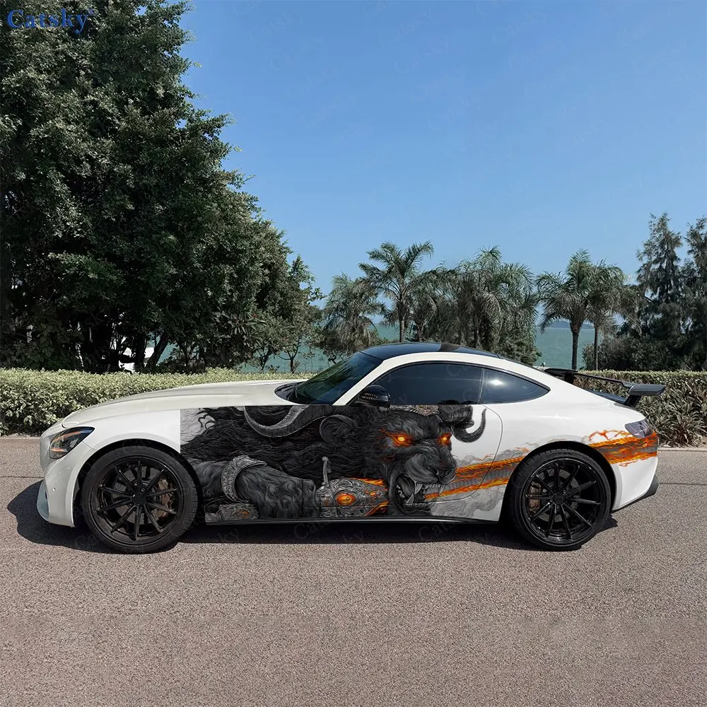 2pcs Dark Flame Demon Bull Car Side Wraps, Self-Adhesive PVC Waterproof & Scratch-Resistant Stickers, Car Accessory Gift