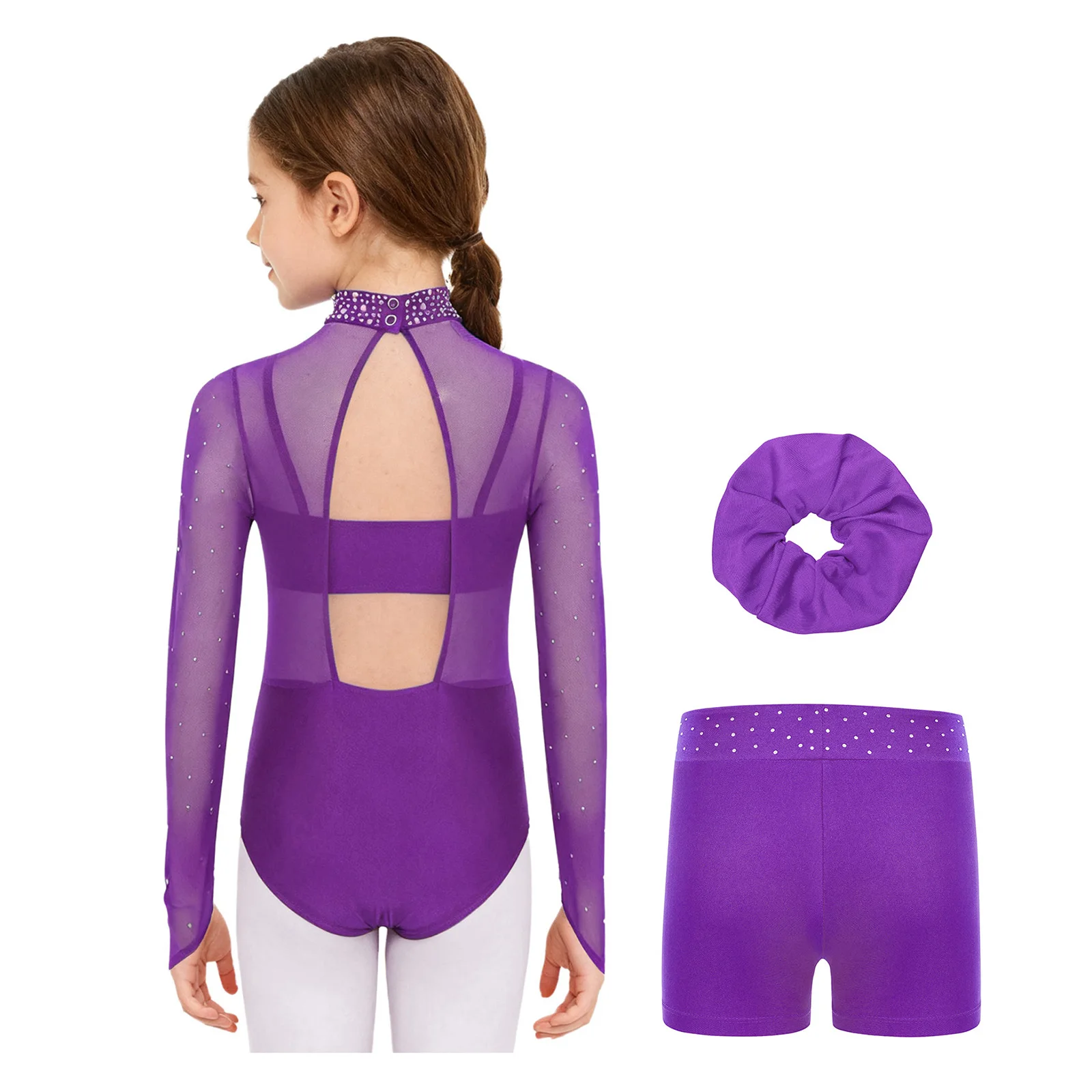Conjunto de disfraz de patinaje artístico rítmico para gimnasia para niñas, corpiño de malla transparente con diamantes de imitación de manga larga, pantalones cortos con diadema