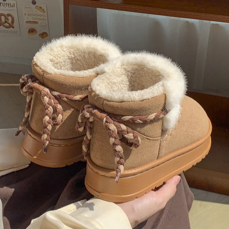 

Winter Snow Boots Women Ankle Boots Cotton Slippers With Thick Soles And Plush Snow Boots, Butterfly Tie Straps