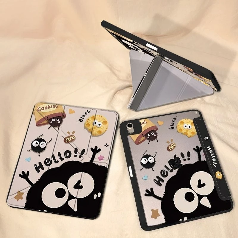 Kawaii Coal Ball Cookie Tablet Cover Cartoon Black Dust Ball Print Y-Fold Case for Xiaomi Pad 7 7Pro 11.2in Mipad 5 6 Pro 11in