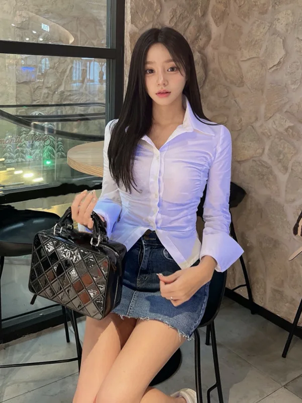 Spring/autumn Korean 2024 Version New Lapel Single Breasted Long Sleeve Shirt Women Cinching Waist Solid Slim Short Top DRCO