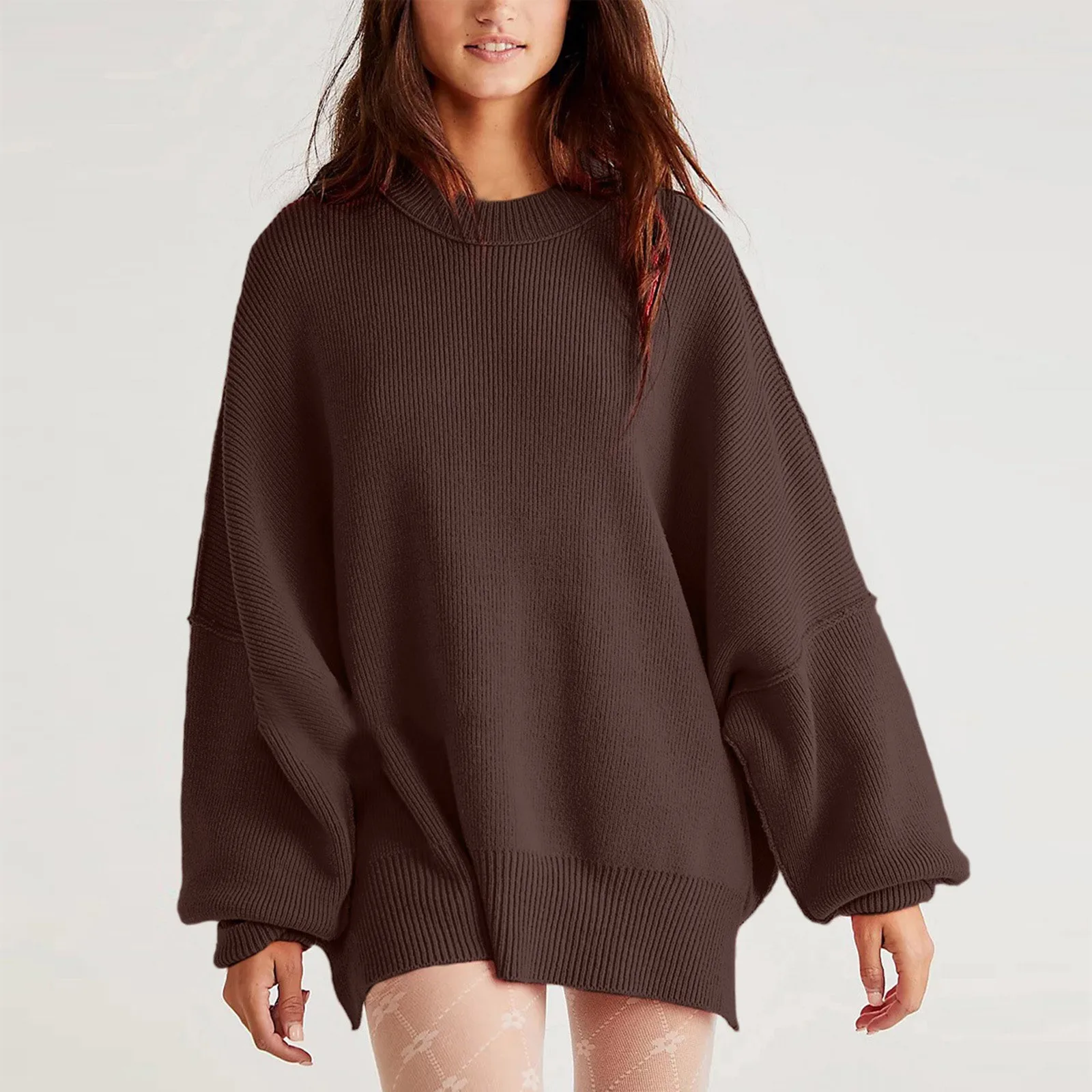 European American Round Neck Bat Wing Long Sleeved Sweater for Women Spring Autumn New Knitted Side Slit Pullover Fashion Tops