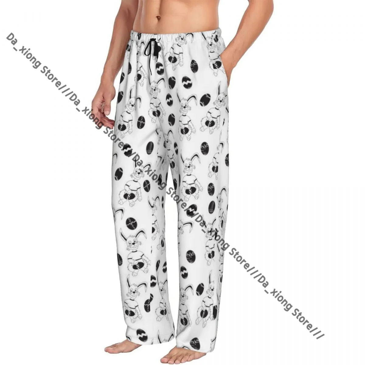 Mens Casual Pajama Long Pant Loose Elastic Waistband Easter Bunny Pattern Cozy Sleepwear Home Lounge Pants