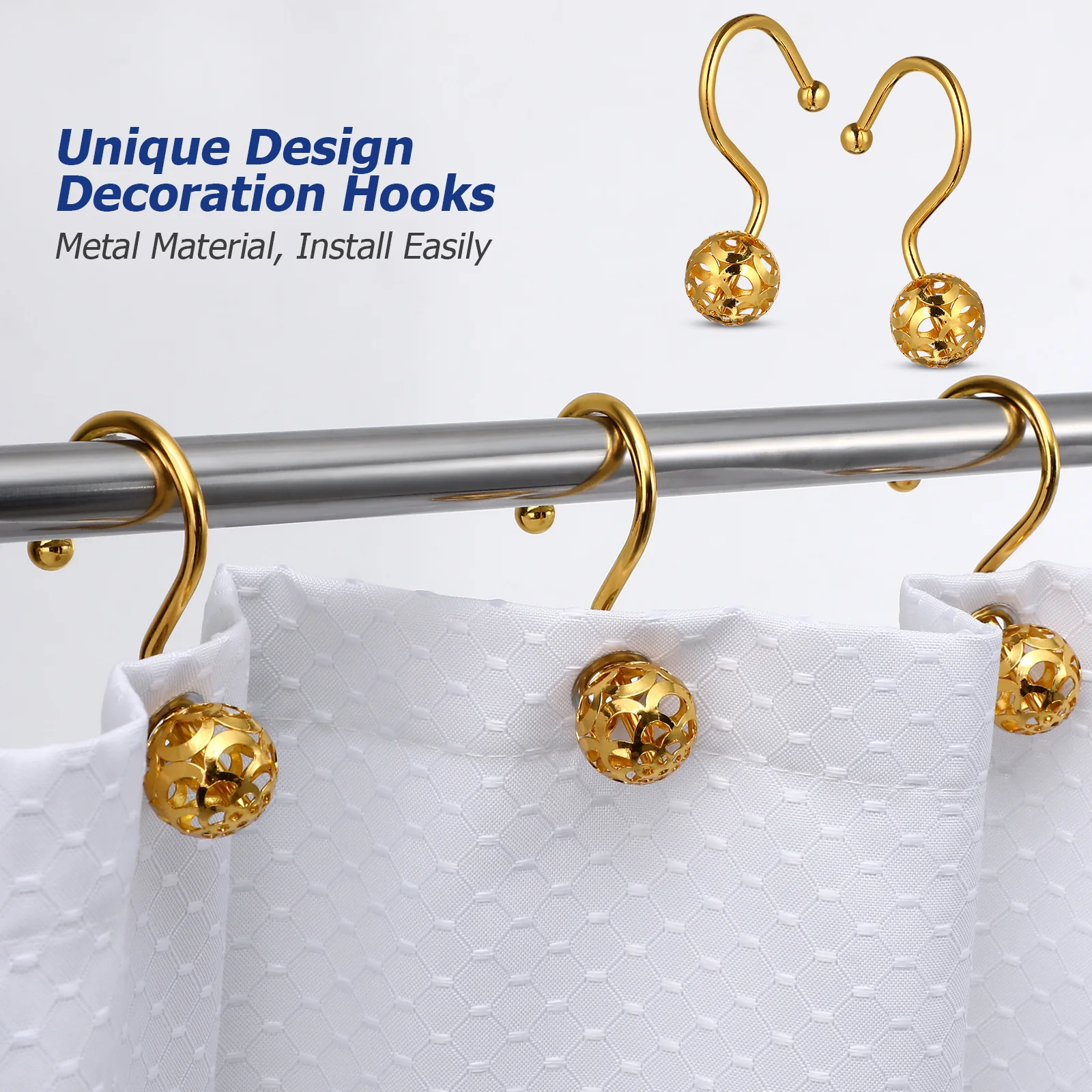 

12Pcs Shower Curtain Hooks Stainless Steel Electroplated Beaded Sliding Shower Rings Hooks for Bathroom Curtains Silent Smooth