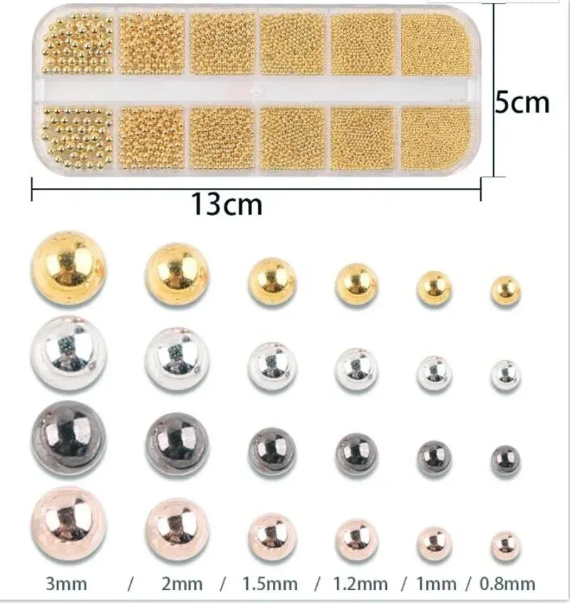 1 Doos 6 Maat 0.8-3.0 Mm Metalen Kralen Ronde Goud Zilver Rose Nail Art Decoraties Micro stalen Bal Studs Voor Diy Manicure Nagels