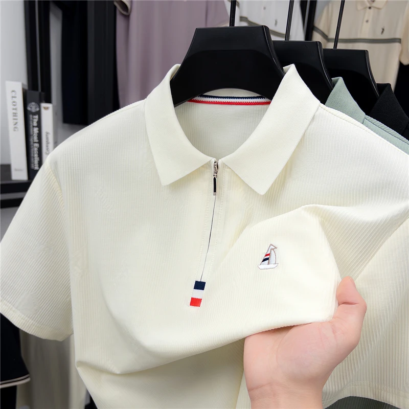 High end brand short sleeve men's polo shirt new sailboat embroidery fashion half zipper casual summer thin breathable T-shirt