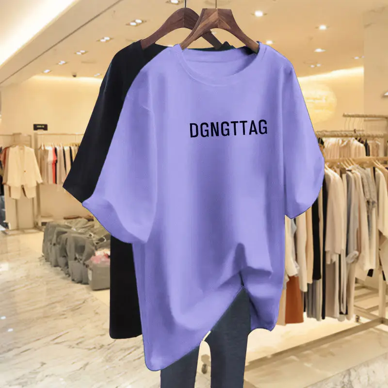 Summer 100% Cotton Letter Printed T-shirt, Vintage O-neck Basic Pullovers, Women Clothing Casual Loose Short Sleeve Top Tee