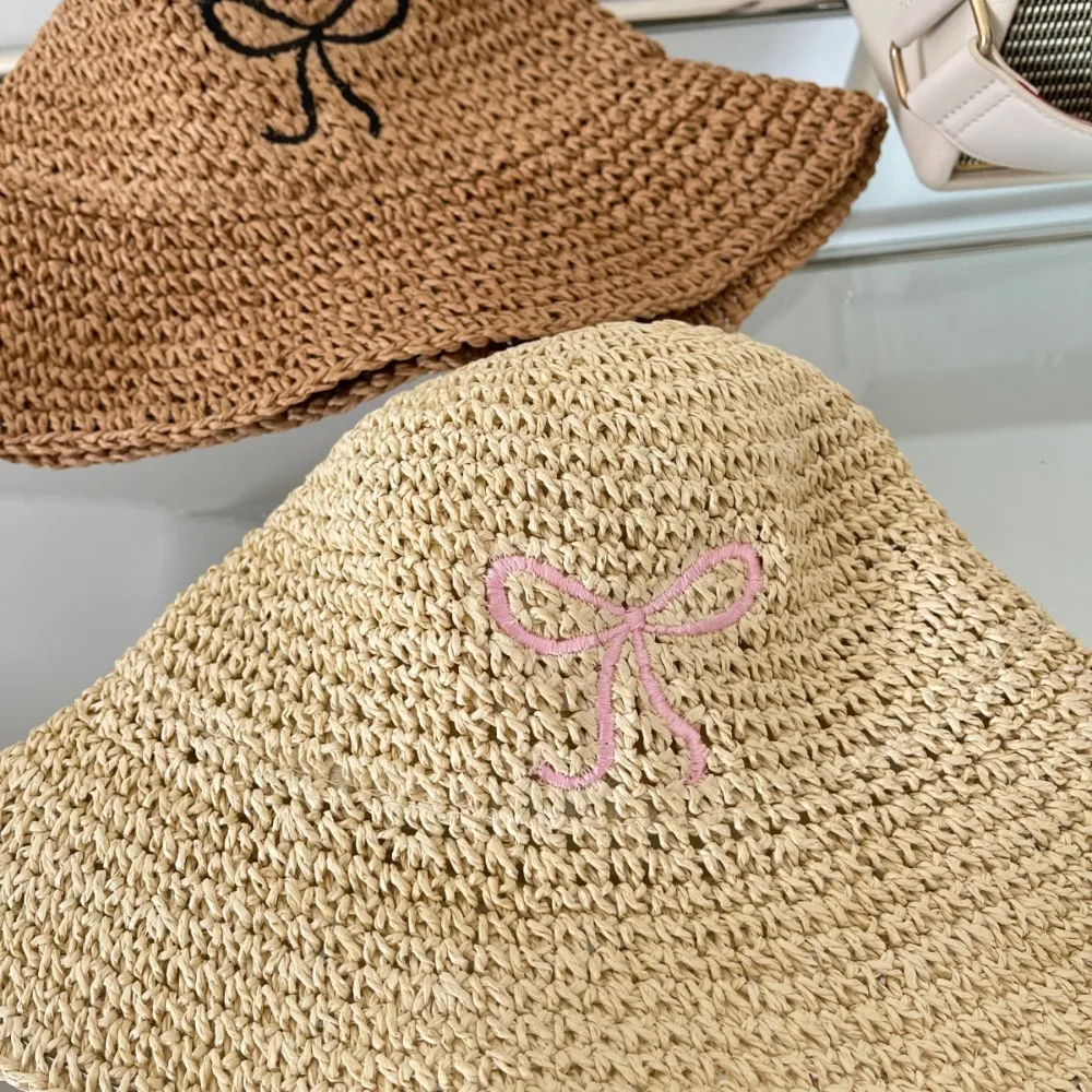 Pastoral Style Sun Hat New Bow Embroidery Grass Weaving Hollow Straw Hat Summer Show Small Facial Features Bucket Cap