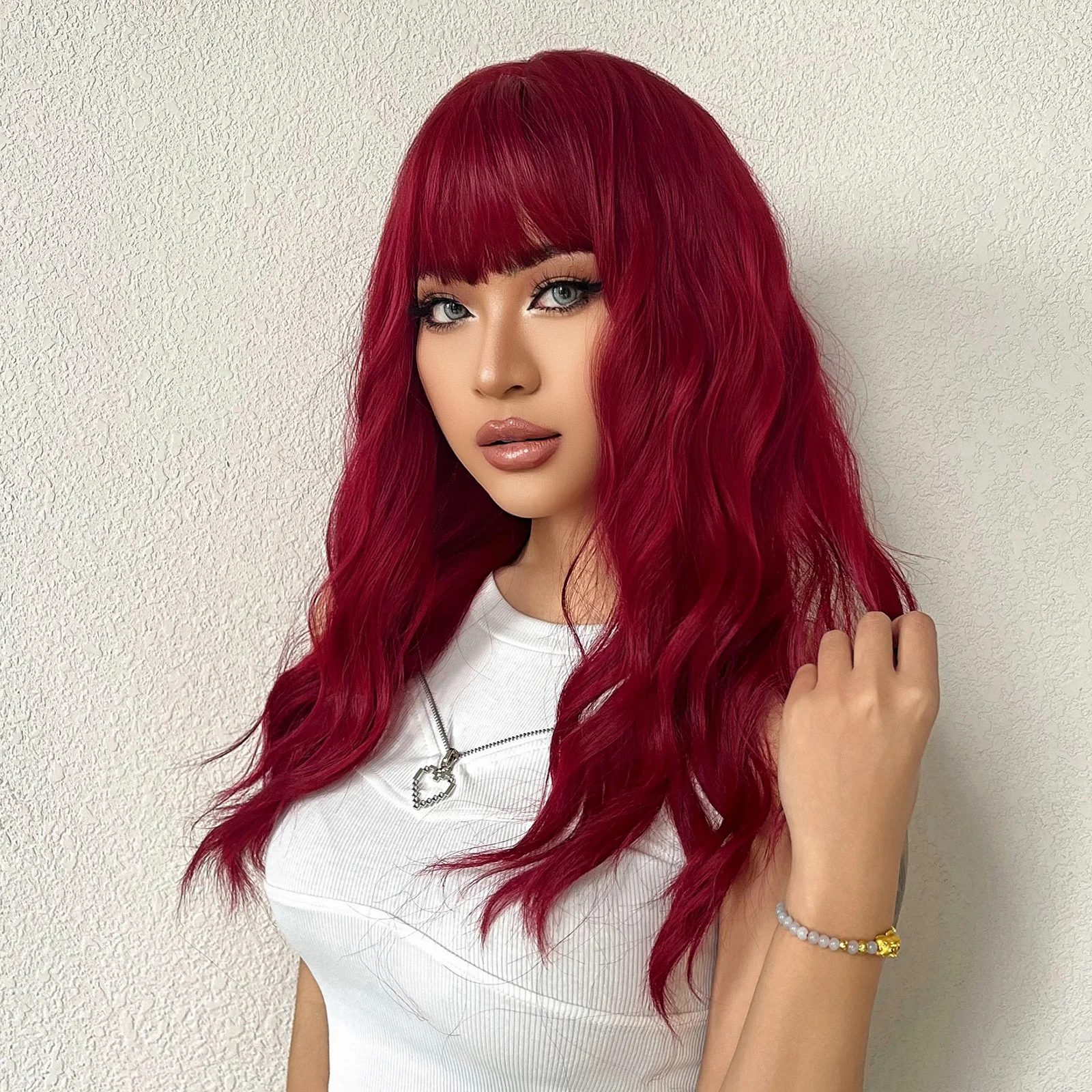 HENRY MARGU Red Water Wavy Synthetic Wigs Long Natural Red Wig with Bangs Red Color Party Costume Hair Heat Resistant Daily Wig