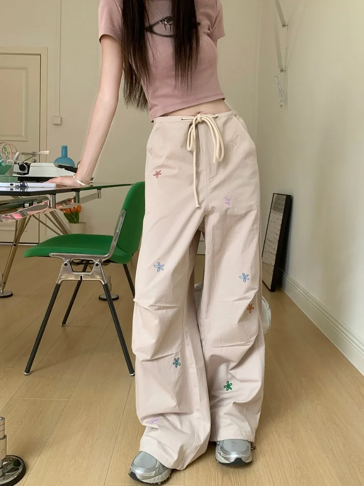 Parachute Pants Female Loose Embroidered Work Pants Women Casual Wide Leg Pants American Vintage Hot Girl