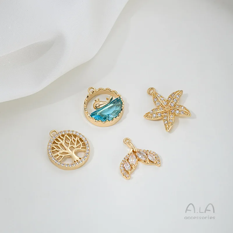 Electroplated 14K Bag Real Gold Inlaid Zircon Whale Tail Starfish Tree Of Life Tulip Pendant DIY Bracelet Necklace Pendant