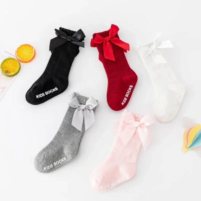 Newborn Baby Girl Socks New Kids Bow Knee High Socks Toddler Soft Cotton Summer Bowknot Hollow Out Children Princess Socks