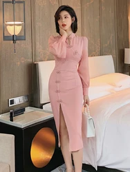 Primavera elegante migliorato Qipao Sweet Dress Women 2023 Pink Disc Buckle Hollow manica lunga fessura Slim Robe Party Banquet Vestidos