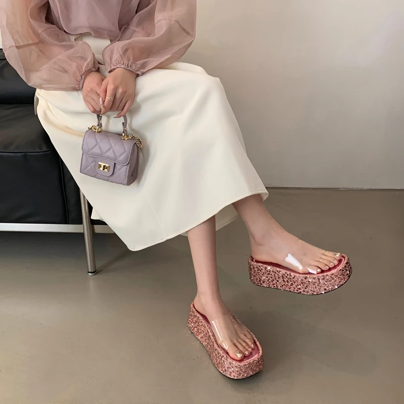 

7cm Heeled Sandals Summer Woman Wedge Platform Slippers PVC Pink Sequins High Heels Ladies Shoes Casual Sapatos Femininos