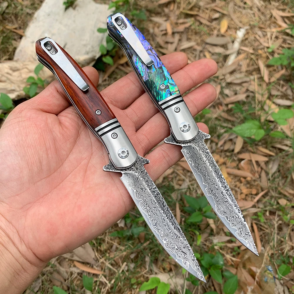 Hand Original Damascus steel Folding Knife wood Handle Ball Bearing EDC Portable Camping Pocket knife Professional 