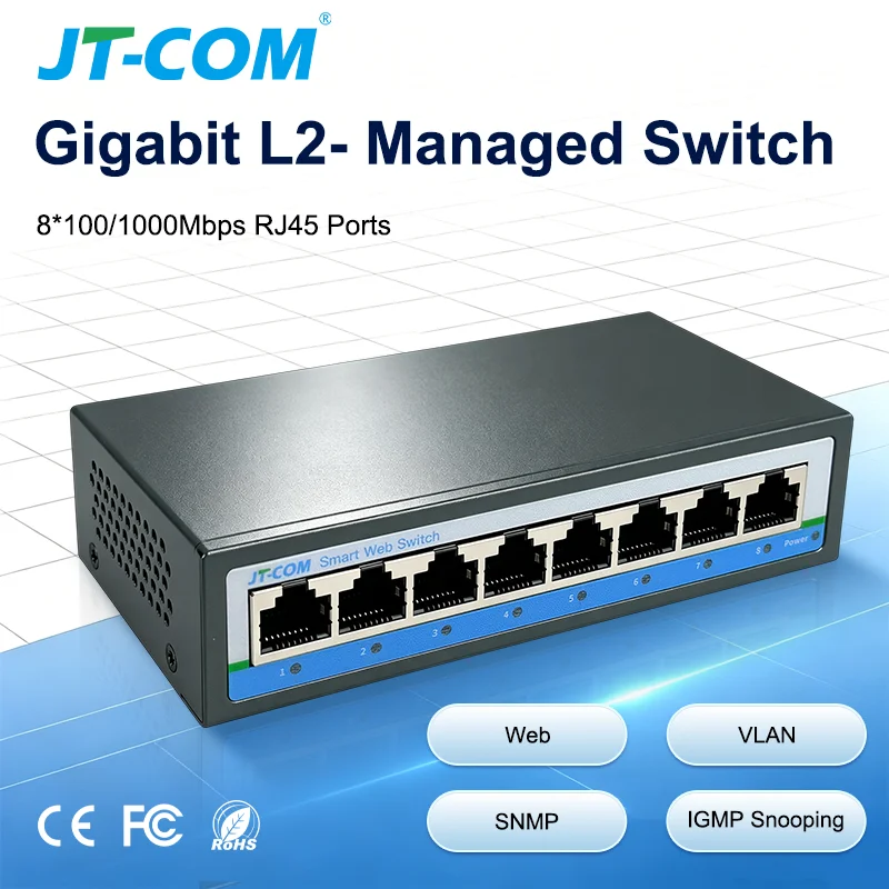 L2- Managed Switch with 8*100/1000M RJ45 Ports 8-Port Gigabit Network Switch Supports LACP, QoS, Stackable, VLAN, SNMP