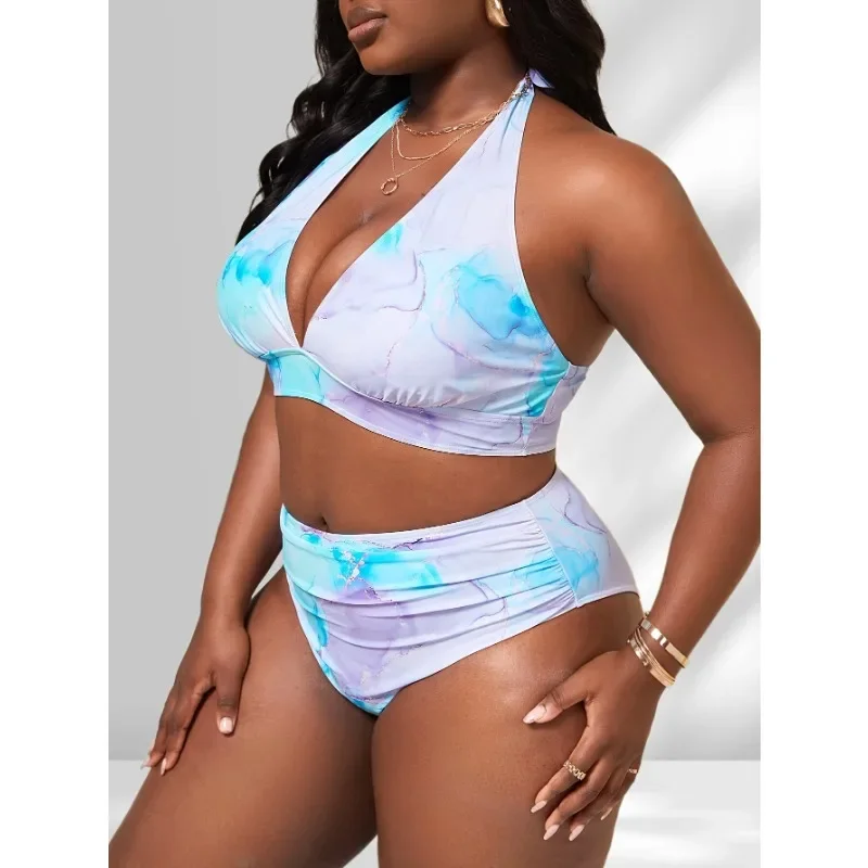 

Plus Size Summer Bikini Set Halter Bra & High Waisted Bottom & Beach Skirt Tie Dye Swimsuit set
