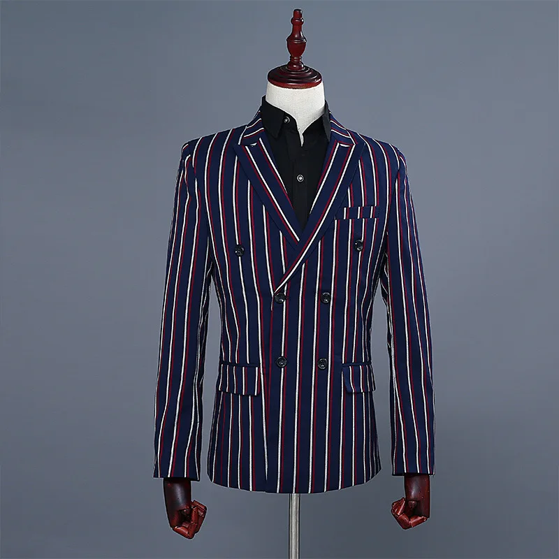 

B297-Men's colorful double striped groom best man dress double-breasted performance suit host emcee studio theme