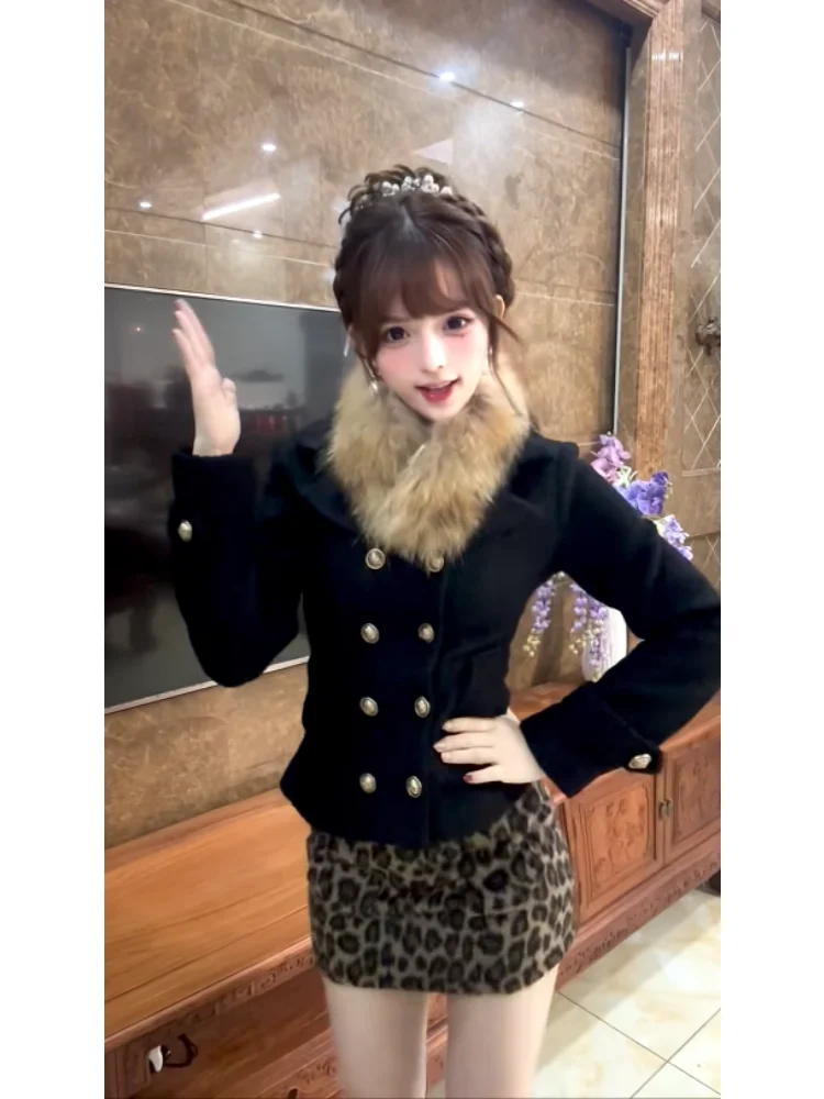 

Autumn Winter Slimming Pure Desire Spicy Girl Double Button Fur Collar Short Jacket Leopard Print Skirt Set Women
