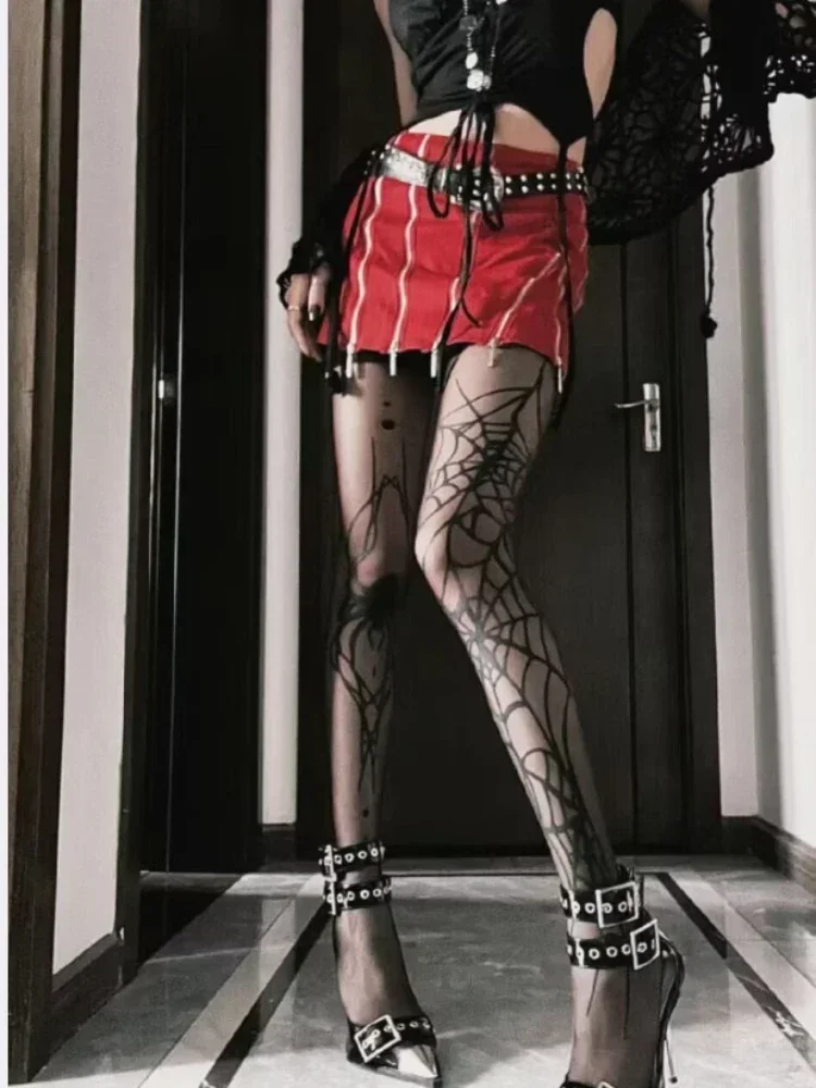 2025halloween Collants gothiques Vintage en résille foncée pour femmes, bas Emo Alternative, Sexy, toile d'araignée, sorcière