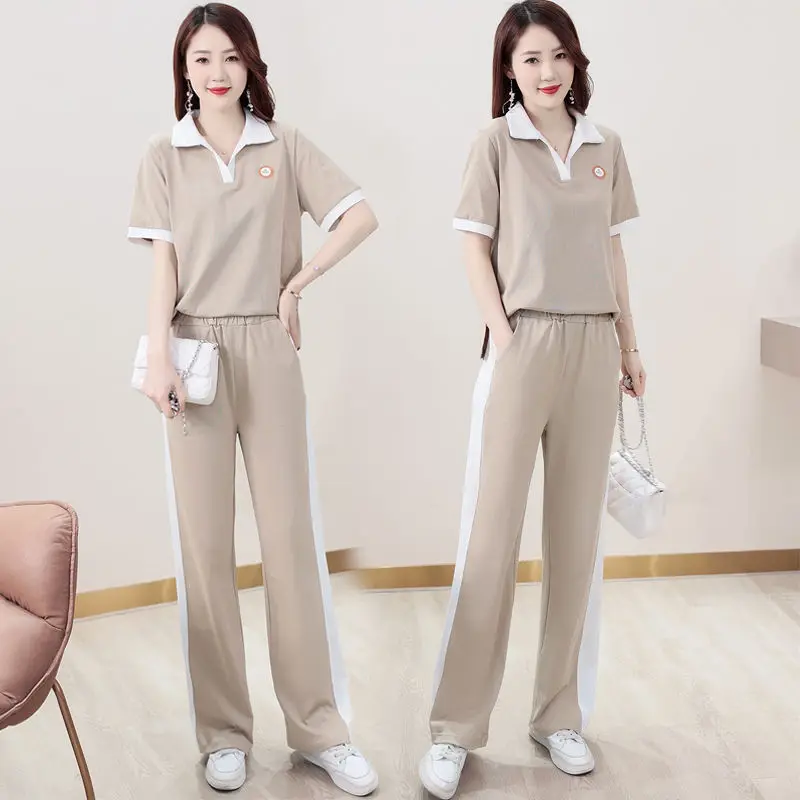 Women\'s Korean Casual Fashion Suit 2024 Spring Summer New Loose Crop Tops And Wide Leg Pants 2 Two Piece Set Plus Size Clothing