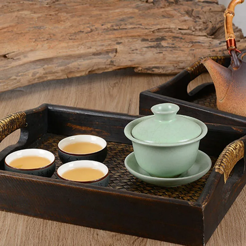 Nampan rotan ABWR-3PCS, nampan kayu Retro melayani piring makan malam makanan ringan makanan penutup nampan makanan buah kayu