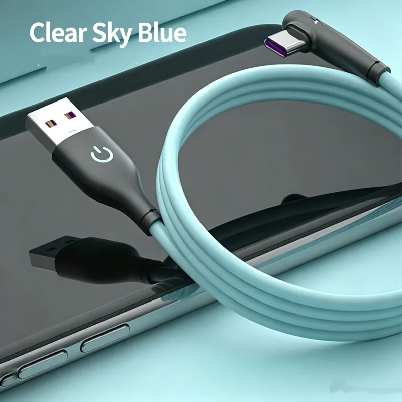 90 Degree Elbow USB A to Type C Fast Charging Data Cable L Shape Anti Block Hand Gaming Cord Sky Blue Cherry Pink For All Type C