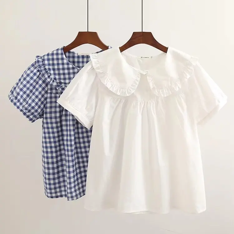 

Morigirl Japan style sweet peter pan collar white blue check shirts and blouses kawaii 100% cotton short sleeve tops