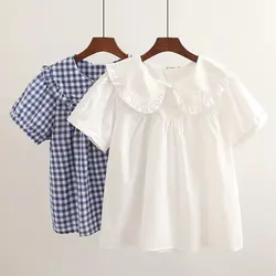 Morigirl Japan style sweet peter pan collar white blue check shirts and blouses kawaii 100% cotton short sleeve tops