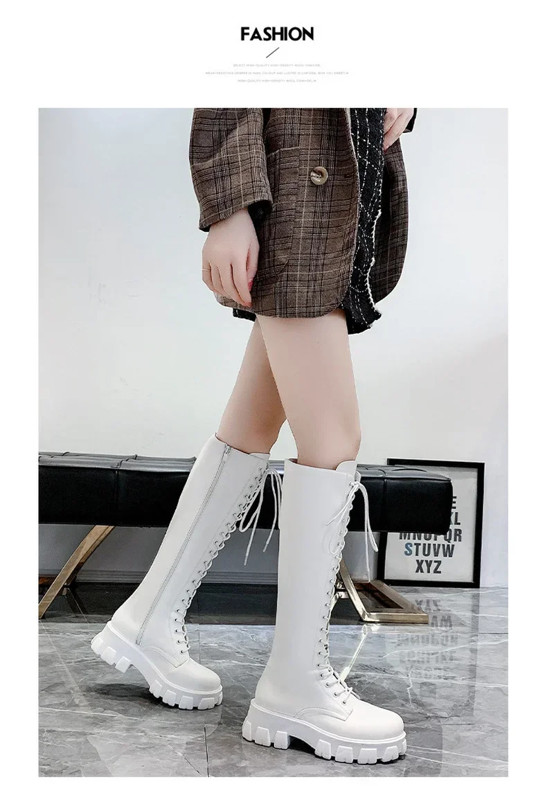 Women\'s Long High Boots White PU Leather Knee High Boots Female Fashion Lace Up Platform Botas Mujer thigh high boots size 43