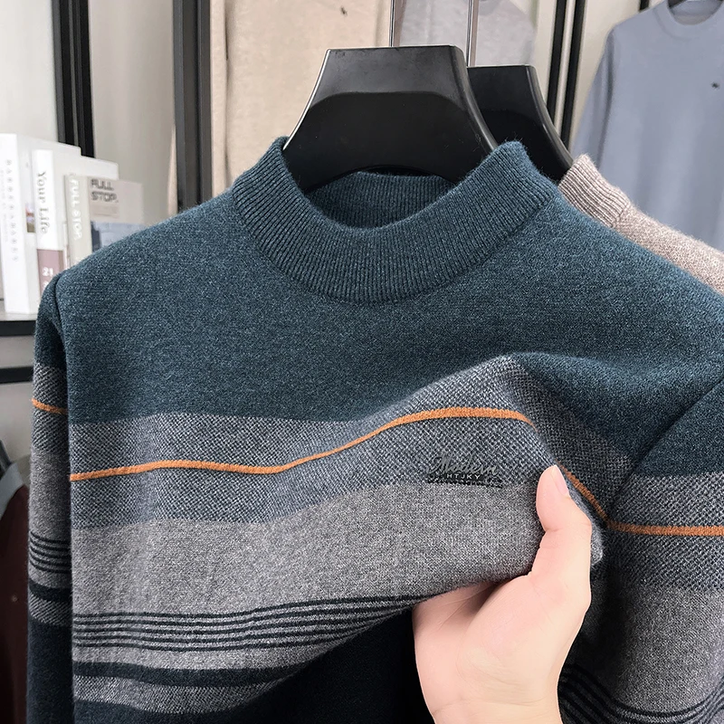 

Thickened Winter New Style Half-high Collar Striped Sweater for Young and Middle-aged Men, As A Warm Base Shirt
