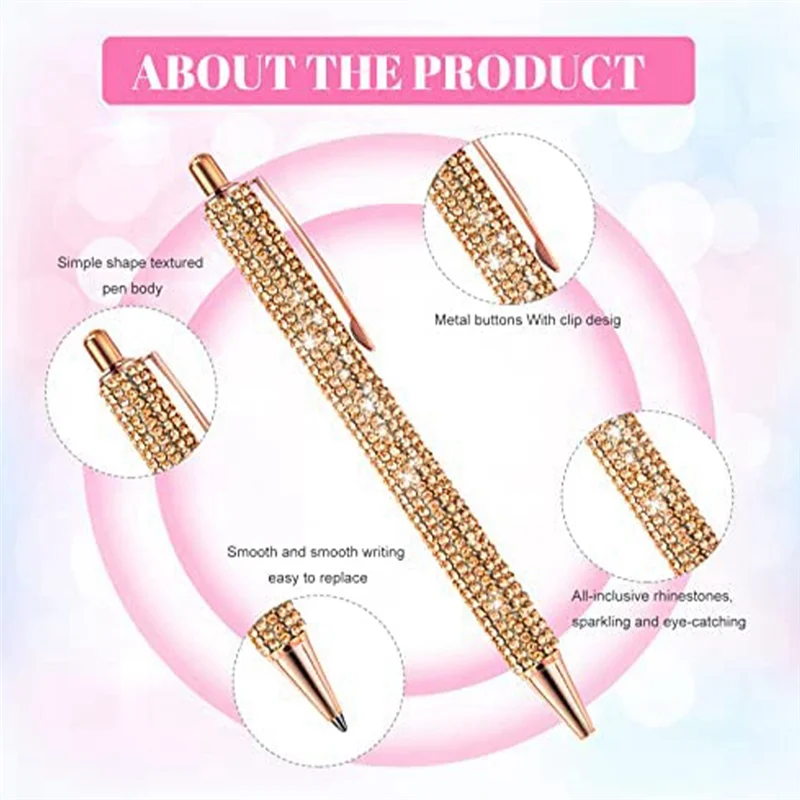 12 PCS Bling Pen Bulk Metal Ballpoint Pen Diamond Pen Crystal Press Retractable Black Ink 0.7Mm Ballpoint Pen 6 Colors