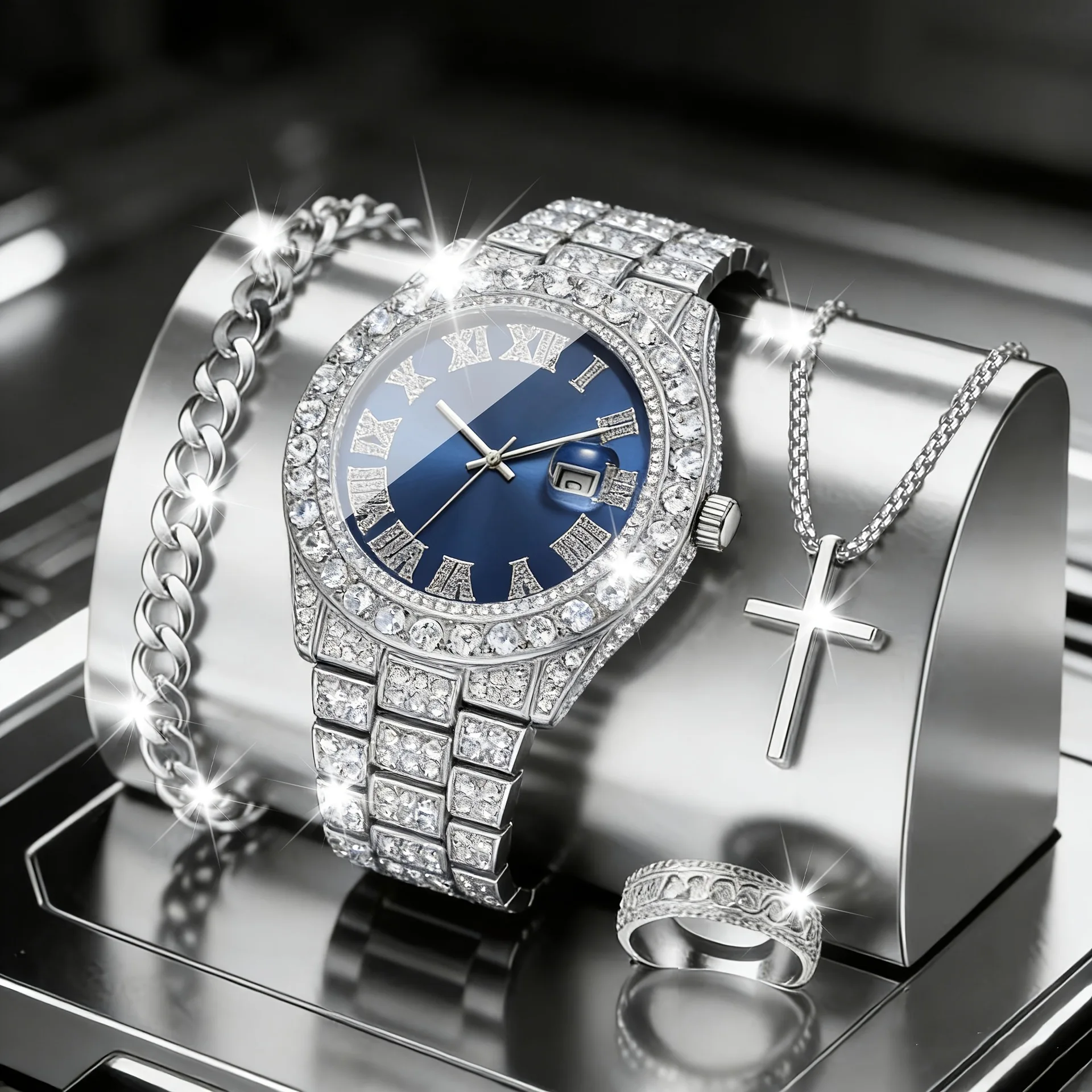 4pcs Foreign Trade Hot Men's Watch Set Hip Hop Full Diamond Quartz Watch Set Men's Business Quartz Watch