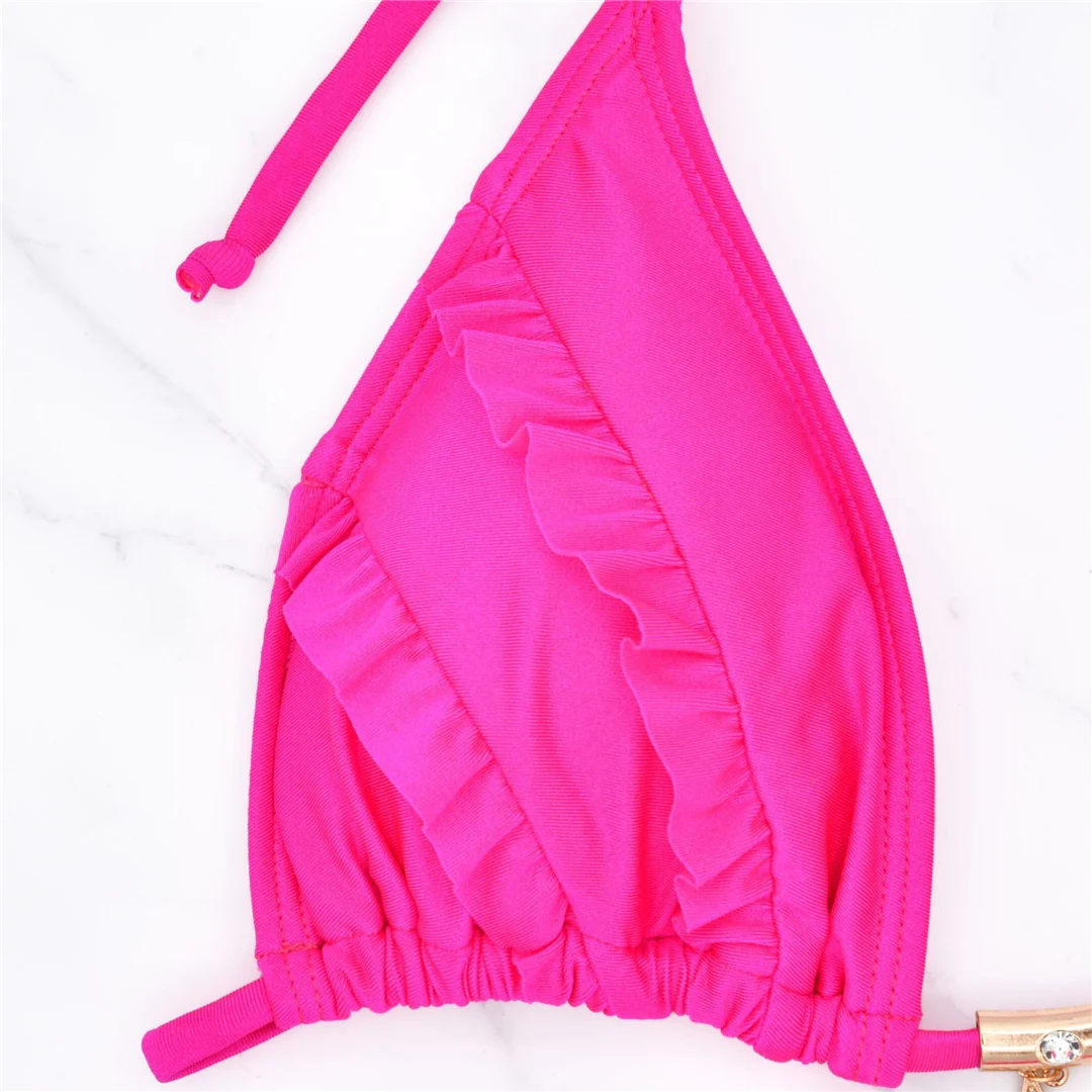 S - XL Neckholder-Bikini mit Rüschen und Raffungen, zweiteiliger Bikini-Set für Damen, Badeanzug, Badebekleidung, Badehose, Modell V6143 – Detail 11