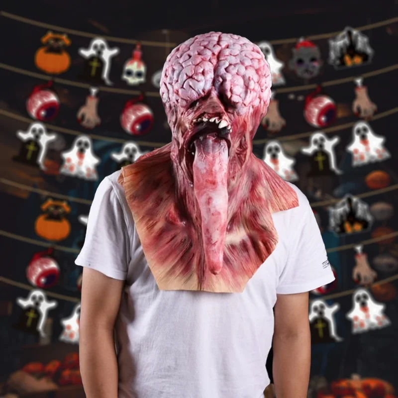 Nuovo copricapo horror di Halloween, maschera monster a lingua lunga, maschera smorfia horror, maschera da demone in lattice monster a lingua lunga.