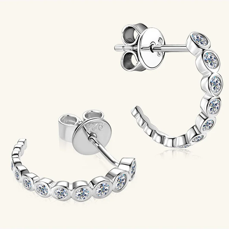 EWYA C Shape 0.38cttw Full Moissanite Stud Earrings for Women Ear Fine Jewelry S925 Silver Plated 18K All Diamond Bezel Earring