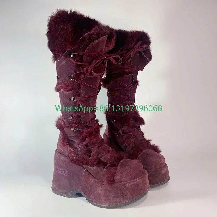 Lady brown design platform lace-up fur boots punk style vintage style feather boots new arrive sexy dance dress boots size 34-46